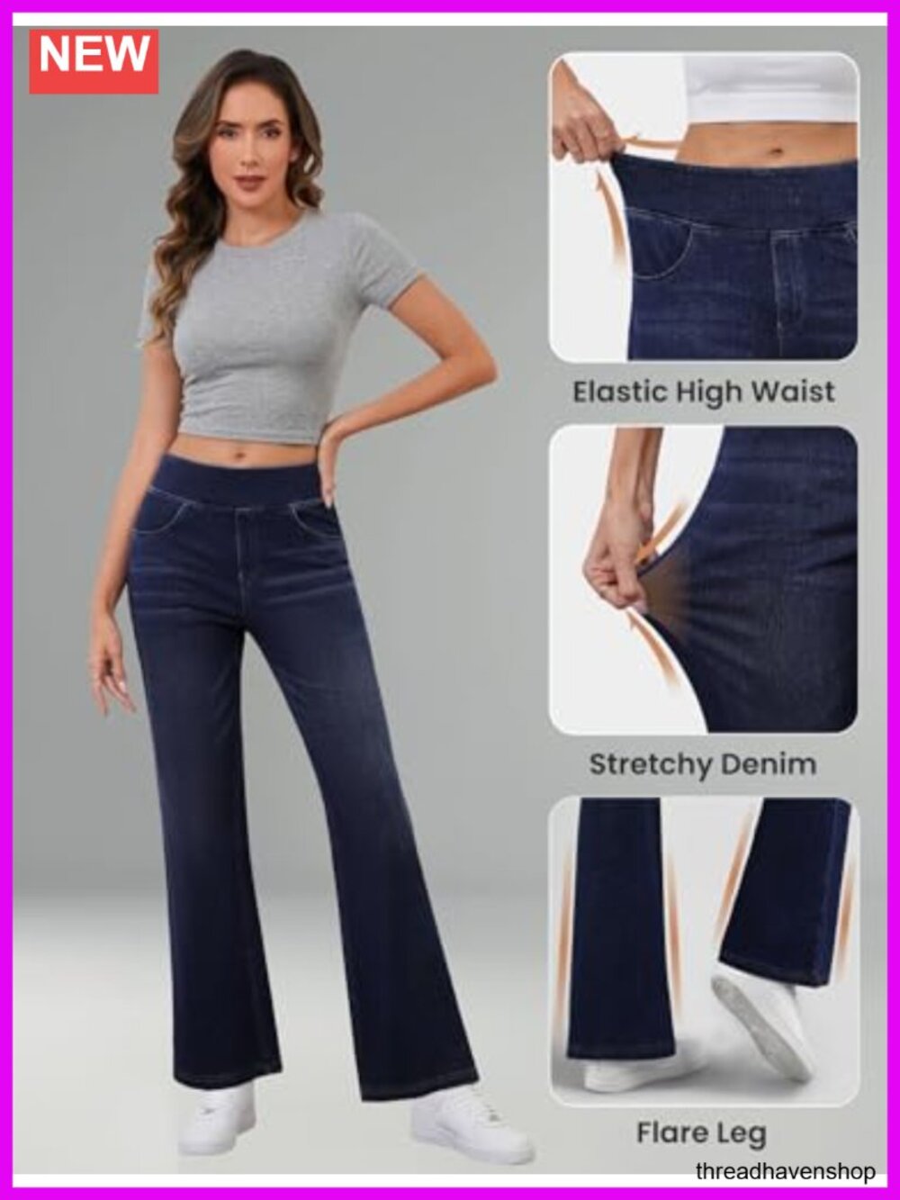 Stretchy High Waisted Flare Jeans Pull On Bootcut with Pockets Wide Leg - Picture 4 of 5